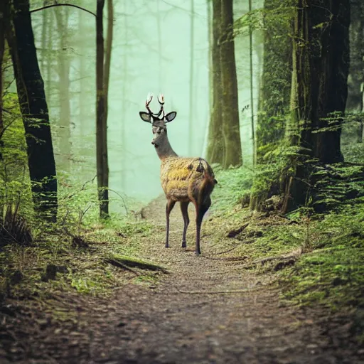 Image similar to photograph of half man half deer walking through the forest