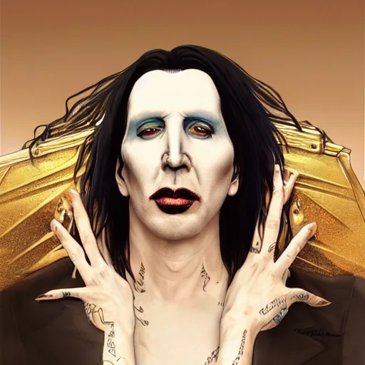 Prompt: clear portrait of marilyn manson holding a coffin, golden hour background, cottagecore!!, hyper detailed, character concept, full body, dynamic pose, intricate, elegant, highly detailed, digital painting, artstation, concept art, smooth, sharp focus, illustration, art by artgerm and greg rutkowski and alphonse mucha