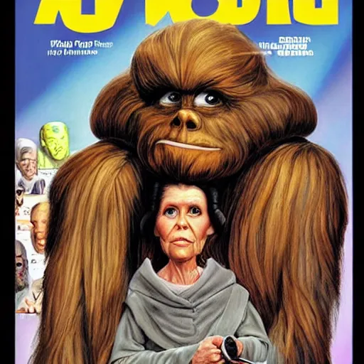 Prompt: mad magazine cover photo portrait caricature leia wookiee