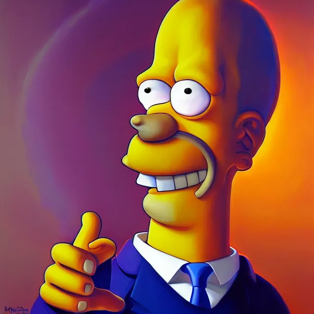 Prompt: portrait of a homer simpson by mandy jurgens, cartoon, oil painting, visionary art, symmetric, magick symbols, holy halo, dramatic ambient lighting, high detail, vibrant colors,