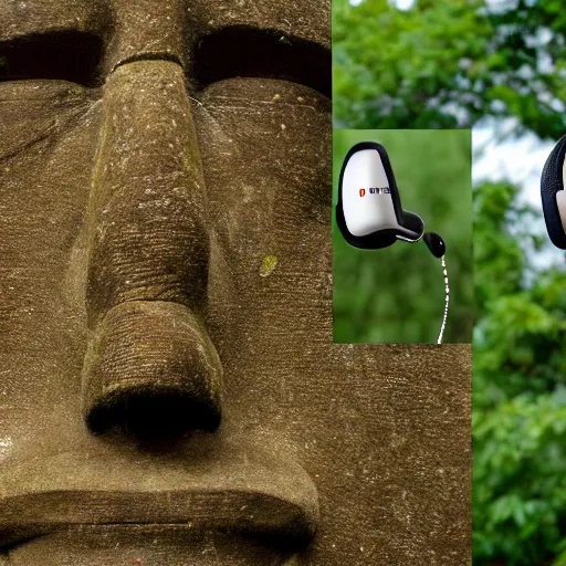 Image similar to a high detail photo of a moai wearing headphones, subject: moai, subject detail: wearing headphones