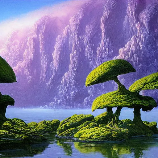 Image similar to painting of a lush natural scene on an alien planet by michael whelan. beautiful landscape. weird vegetation. cliffs and water.