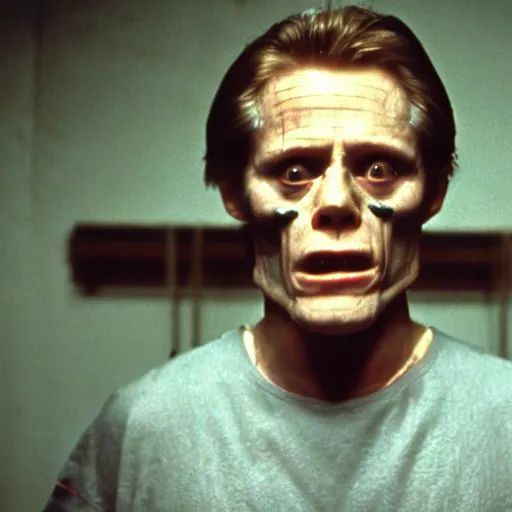 Image similar to willem dafoe as hannibal lecter in silence of the lambs. realistic film still. zeiss 5 0 mm.