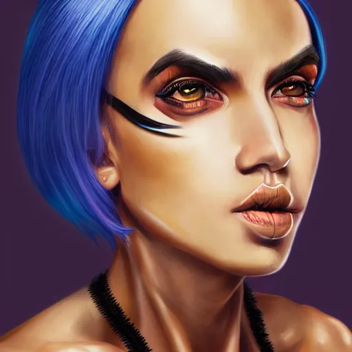 Image similar to illustrated realistic portrait of ram-horned devil woman with blue bob hairstyle and her tan colored skin and with solid black eyes wearing leather by rossdraws