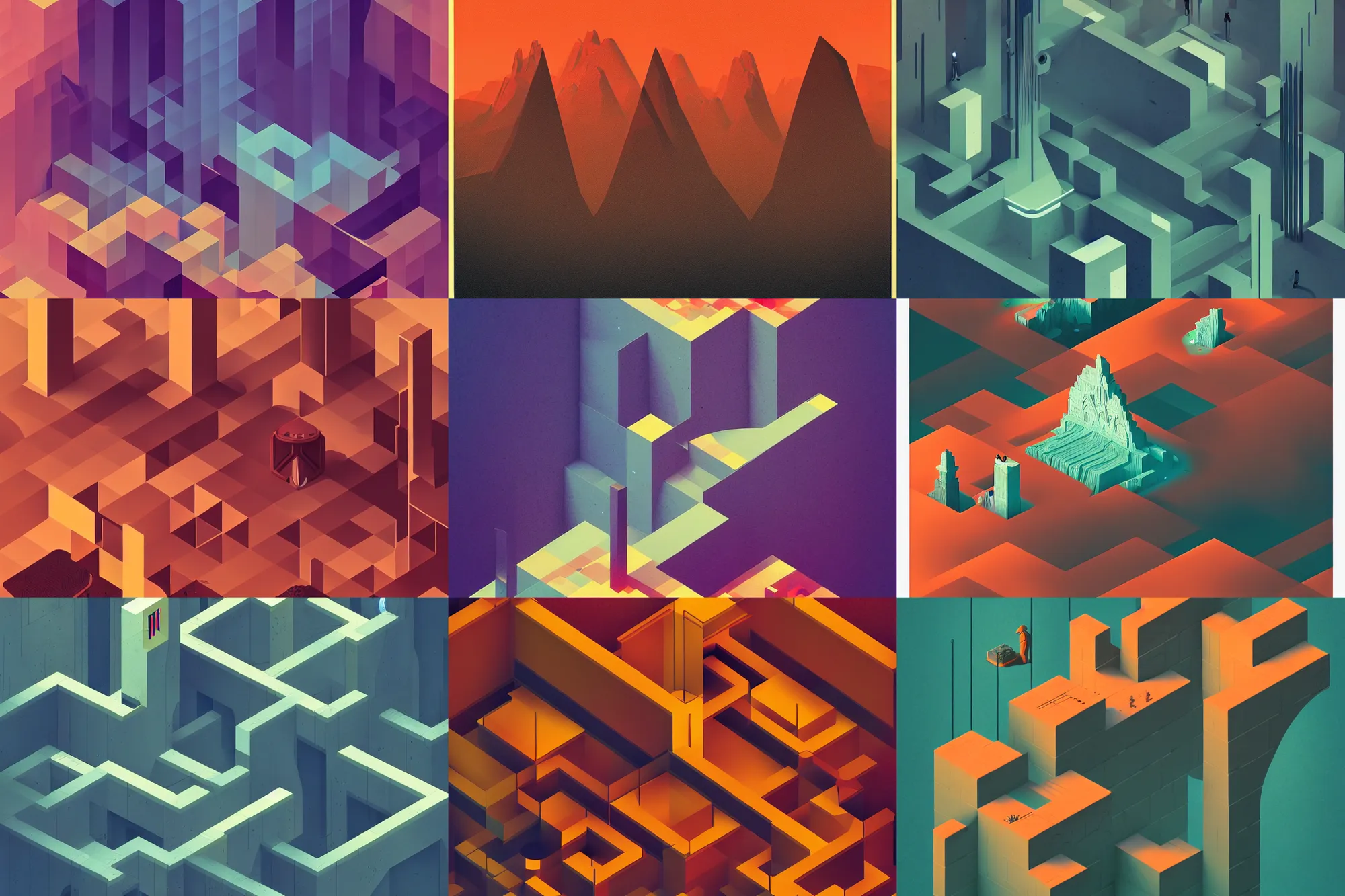 Prompt: ( ( dither ) ), editorial illustration multiple brain scan slices, isometric, modern art deco, ( ( mads berg ) ), christopher balaskas, murata range, rich grainy texture, detailed, dynamic composition, wide angle, matte print, art nouveau, firewatch, monument valley