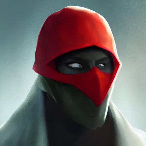 Image similar to portrait of a hero wearing a red mask covering his entire head, only his totally white eyes and mouth are visible, cyan background, golden cape, golden ear buds, golden eye rims, artstation, digital art, opengl