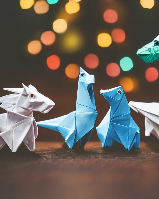 Image similar to high quality presentation photo of origami dinosaurs, photography 4k, f1.8 anamorphic, bokeh, 4k, Canon, Nikon