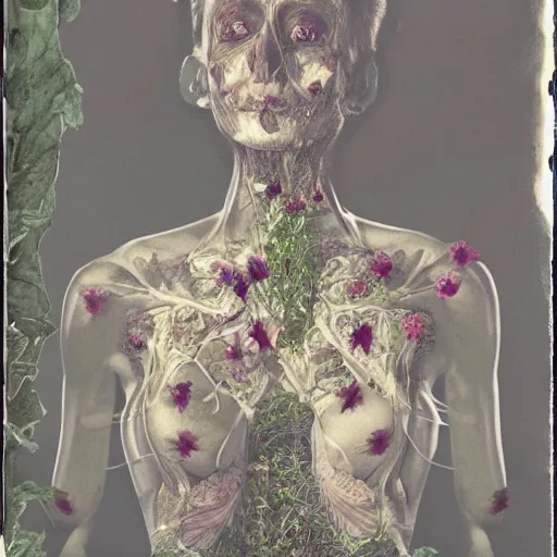 Image similar to a beautiful detailed front view portrait of a rotten woman corpse with fractal plants and fractal flowers growing around, volumetric light, beautiful lit, polaroid photography