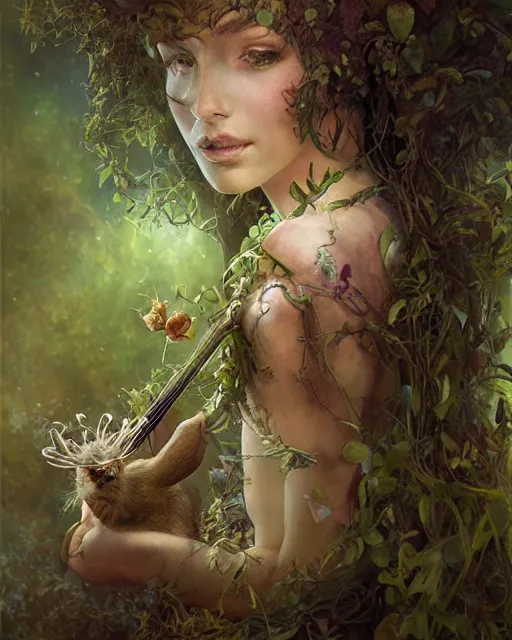 Image similar to dryad musician inspired by brian froud, portrait, accompanied by a cute feathered mouse, studio lighting by jessica rossier and brian froud and gaston bussiere