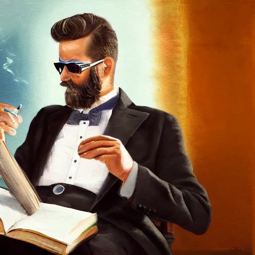 Prompt: an oil painting of a man wearing an old suit with a short beard and a hairstyle with circle sunglasses smoking a cigarette and reading a book, digital art