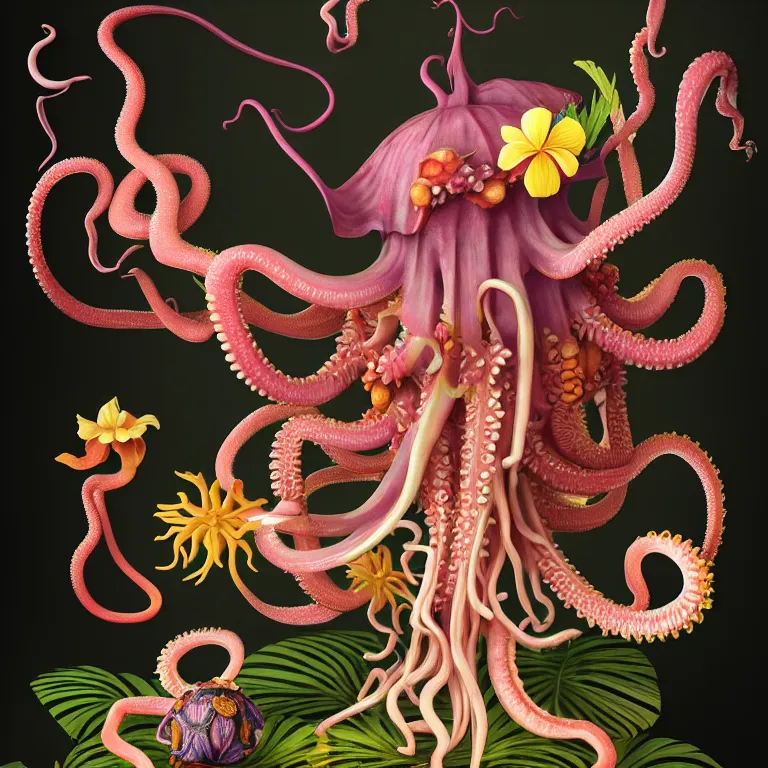 Prompt: still life of tropical flowers, alien squid, octopus, pastel tropical flowers, surreal alien ribbed tropical fruit, white human spine, baroque painting, beautiful detailed intricate insanely detailed octane render trending on Artstation, 8K artistic photography, photorealistic, chiaroscuro, Raphael, Caravaggio