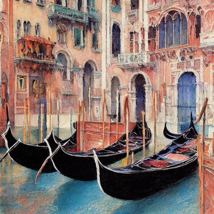 Image similar to venetian gondolas in the style of vrubel, pastel colors, chiaroscuro, bleached colors, cold shades, perfect beautiful, palette knife