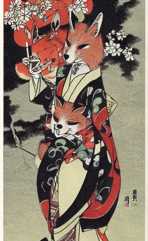 Image similar to by akio watanabe, manga art, a fox with kabuki makeup smoking pipe, trading card front, kimono, realistic anatomy, sun in the background