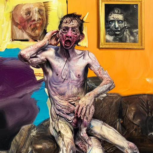 Image similar to high quality high detail painting of a man in agony by lucian freud and jenny saville and francis bacon and malcom liepke and nicola samori, hd, anxiety, seated with friend in a living room crying and screaming, turquoise and purple and orange and pink, dark atmosphere