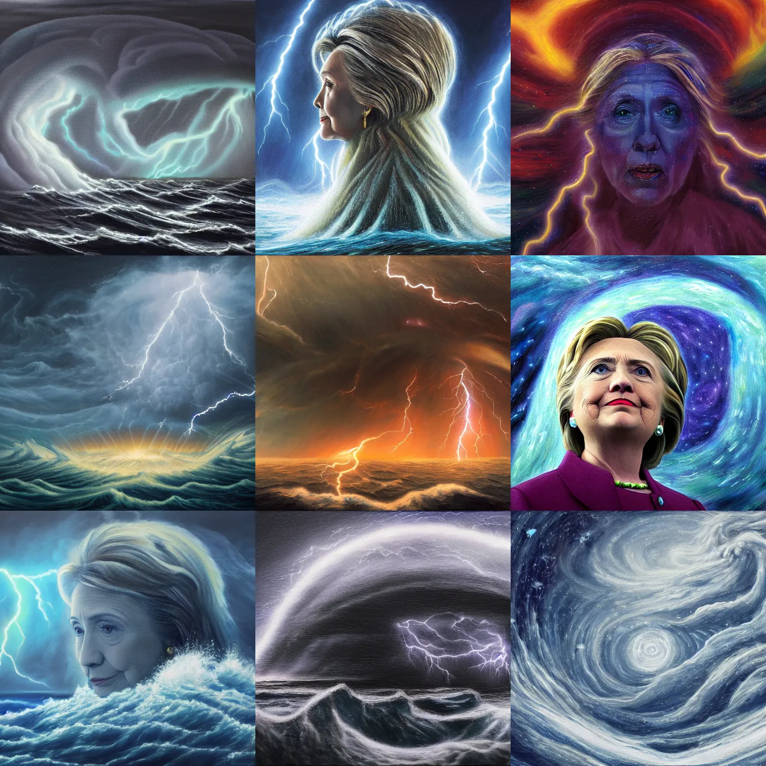 Prompt: hillary clinton as a cosmic massive ancient monster in a stormy sea, lightning in the background, high detail painting, 4 k