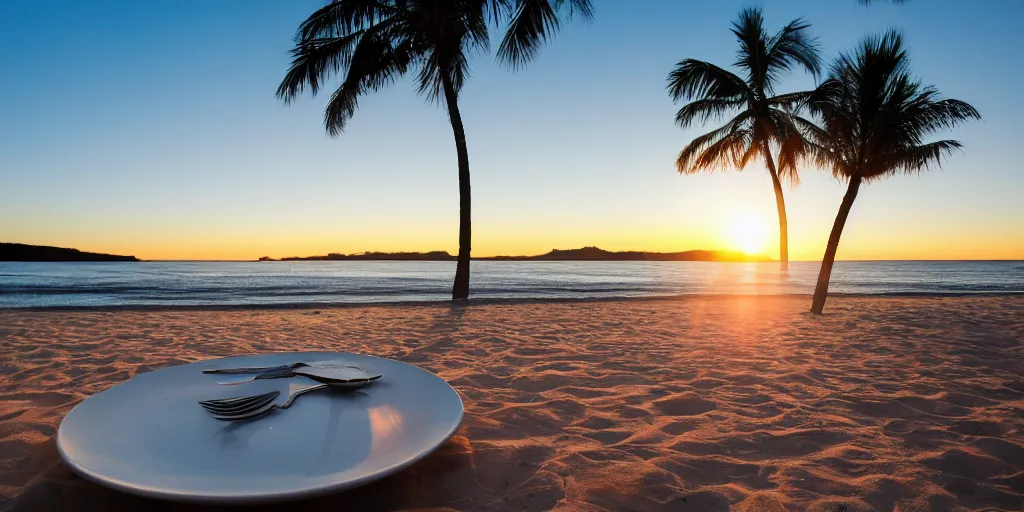 Image similar to professional photo of an empty white dish over a table with a sunset on the beach in the background