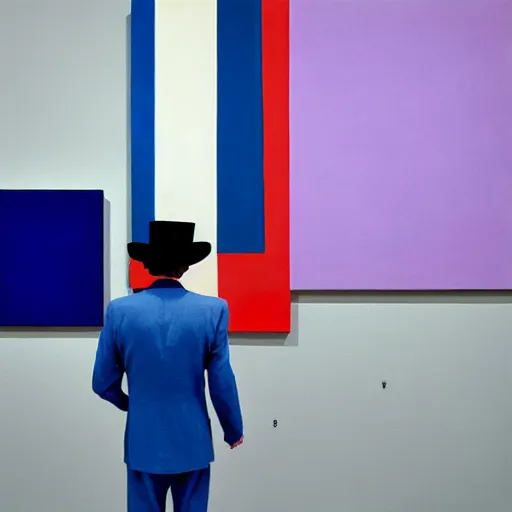 Prompt: in an art gallery, there is a huge painting of carmen herrera blue with white line. a man in a top hat and a suit iadmiring the painting. cgsociety, surrealism, surrealist, dystopian art, purple color scheme