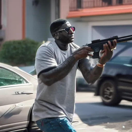 Image similar to angry gucci mane shooting and terrorizing people in the hood, 8k resolution, full HD, cinematic lighting, award winning, anatomically correct