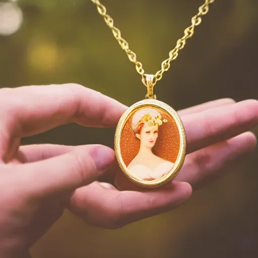 Prompt: hand holding an open golden locket pendant with a retro photo of an elegant and aesthetic woman portrait, on a forest background with bokeh. Retro. Antique. High quality 8k. Intricate. Graflex camera. Award winning