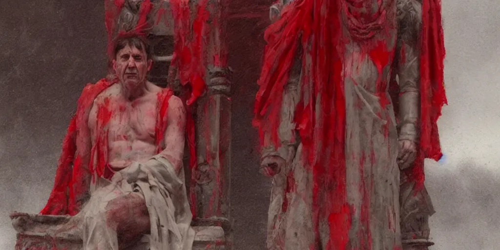 Image similar to the end is near. a tired julius caesar is sitting on his throne. face is highly detailed. splices of red are running down his toga. mist. color scheme red. low angle medium shot. imagined by jeremy lipking