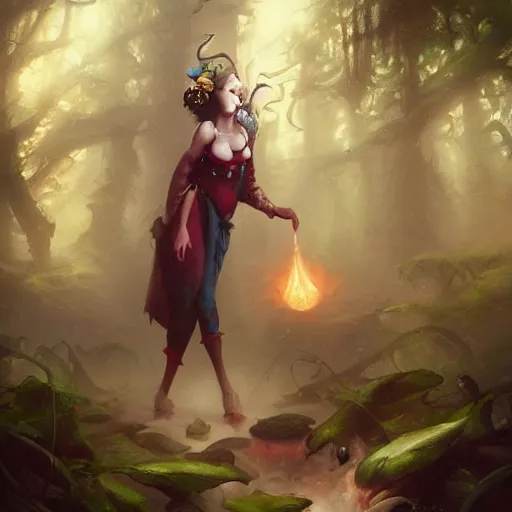 Image similar to the court jesters wife lost in the woods, pretty, beautiful, hyper realistic fantasy painting, deviantart artstation, by jason felix by steve argyle by tyler jacobson by peter mohrbacher, cinematic, magical