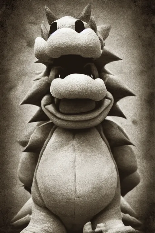 Image similar to bowser king koopa, portrait, full body, symmetrical features, silver iodide, 1 8 8 0 photograph, sepia tone, aged paper, master prime lenses, cinematic