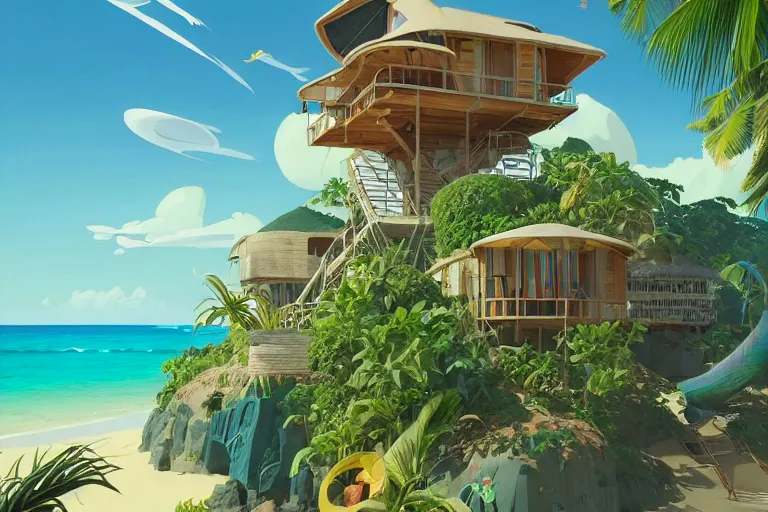 Image similar to a tropical beach cottage by paolo eleuteri serpieri and tomer hanuka and chesley bonestell and daniel merriam and tomokazu matsuyama and makoto shinkai, clearly defined outlines, unreal engine, high resolution render, featured on artstation, octane, 8 k, highly intricate details, vivid colors