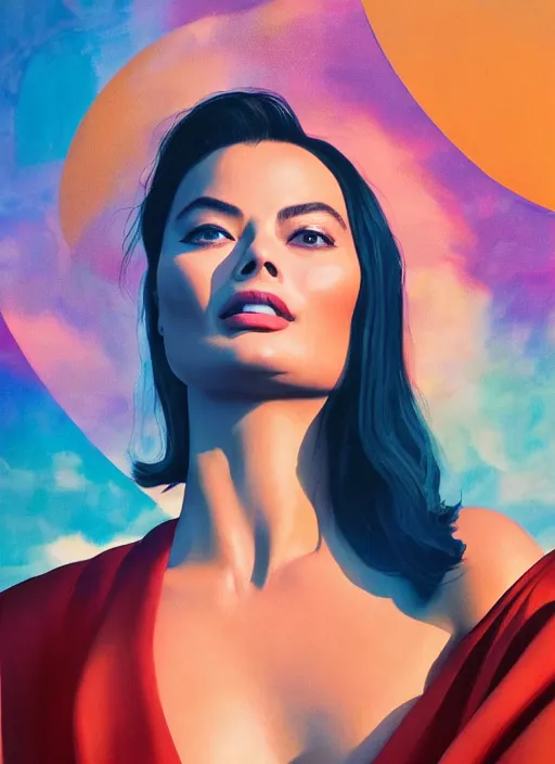 Image similar to Liang Huatao painting of stunning Margot Robbie in a Solarpunk leather robe, abstract sun in background, accurate anatomy, full body portrait, shiny soft skin, soft lighting, sharp details, warm colors, studio portrait, 35 mm film, subsurface scattering, lens flare