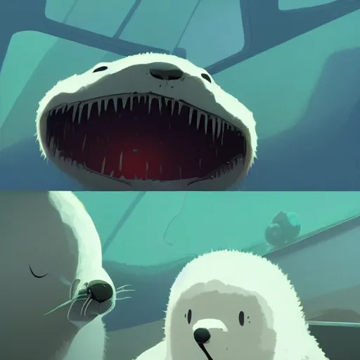 Image similar to baby harp seals being eaten by a tyrannosaurus in a tropical alien world, atey ghailan, goro fujita, studio ghibli, scary lighting, clear focus, very coherent