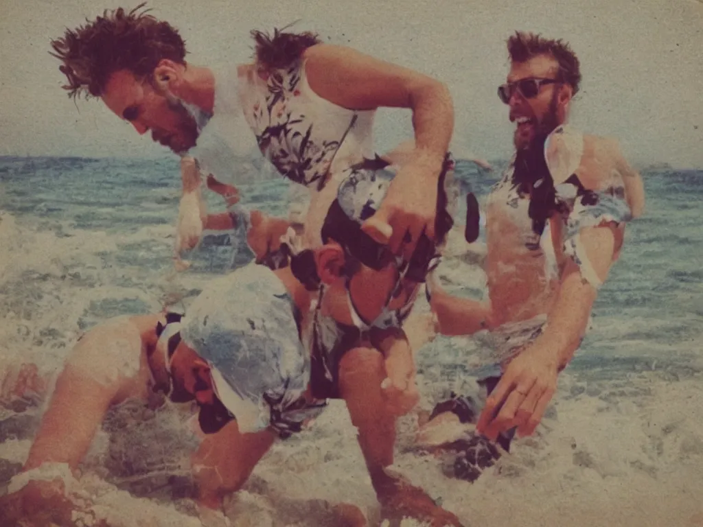 Prompt: jovanotti ravages the beaches of the adriatic coast crying, polaroid color photo, ultra realistic