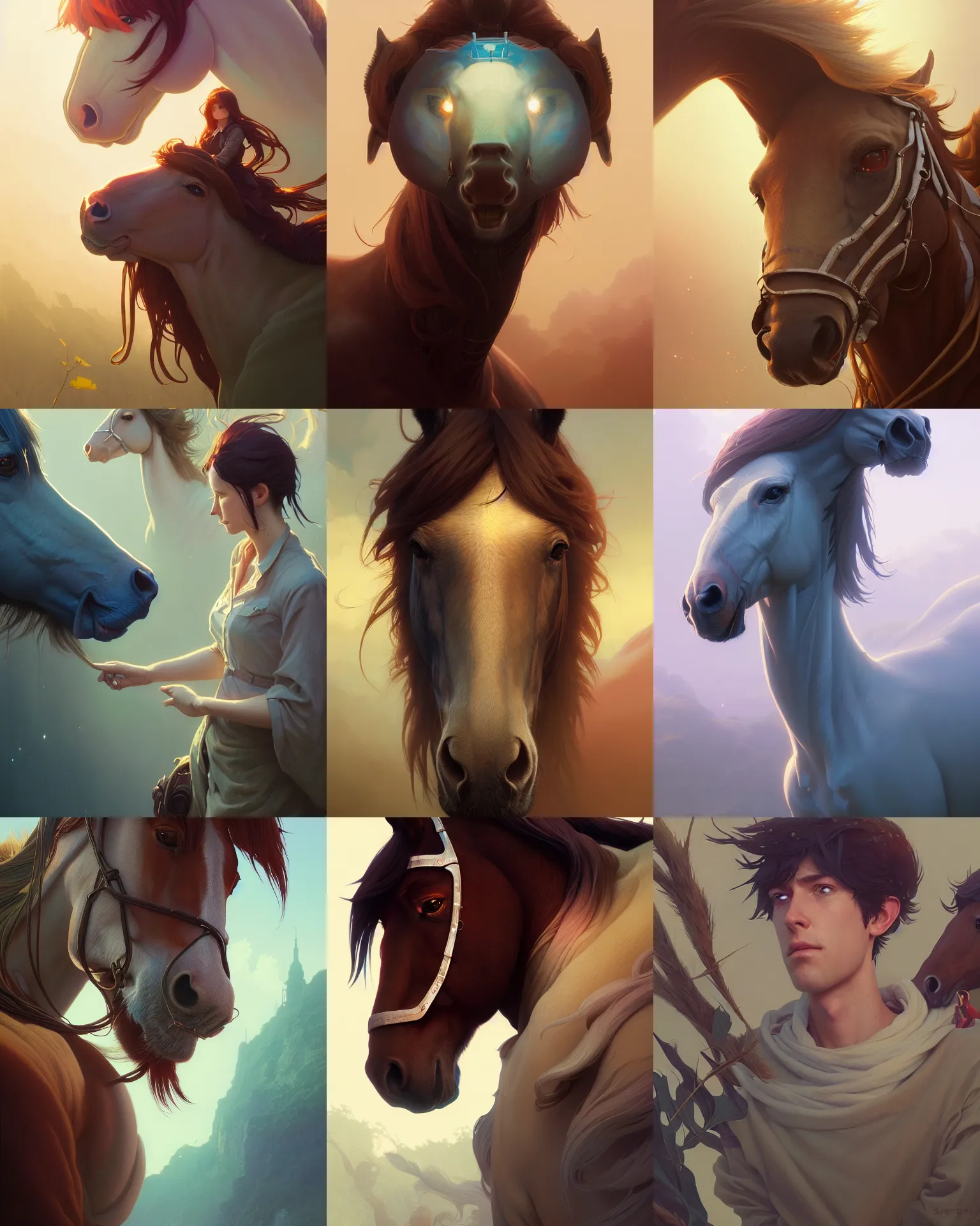 Prompt: highly detailed portrait of horse, stephen bliss, unreal engine, greg rutkowski, loish, rhads, beeple, makoto shinkai and lois van baarle, ilya kuvshinov, rossdraws, tom bagshaw, alphonse mucha, global illumination, detailed and intricate environment