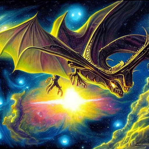 Image similar to an alien dragon flying in outer space, epic nebula, Dan Seagrave art