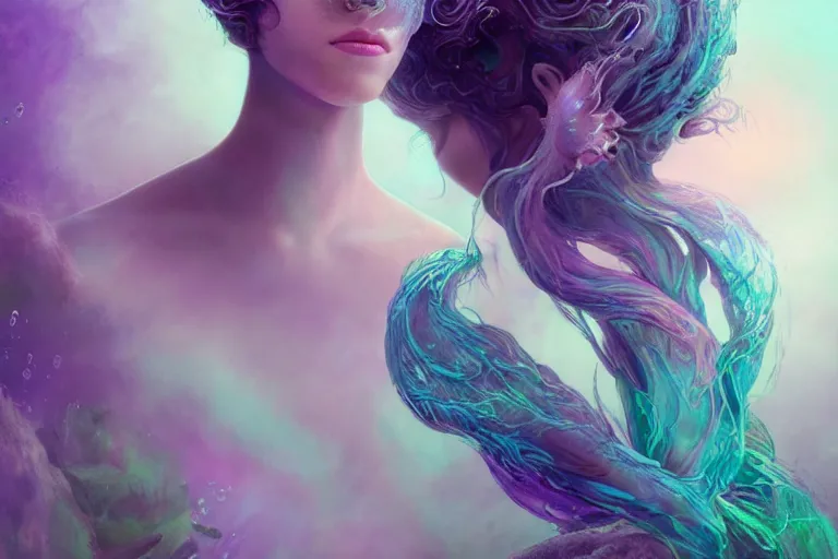 Prompt: tom bagshaw, ultra realist portrait waves miniatures underwater curiosities squids carnival, a single very beautiful enchantress long hairs in full underwater mermaid armor, symmetry accurate features, focus, very intricate ultrafine details, green purple aqua volumetric lights, award winning masterpiece, octane render 8 k hd