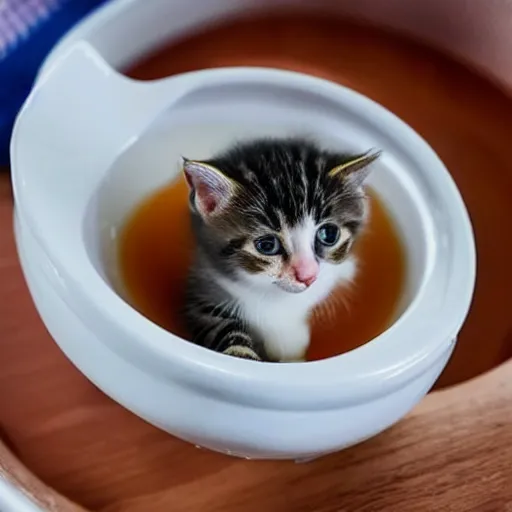 Prompt: a boat inside of a bowl of soup, being sailed by a baby kitten