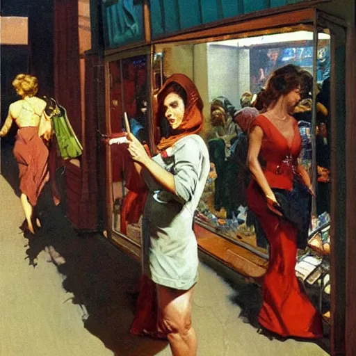 Image similar to action scene of women shopping, oil painting by frank frazetta and norman rockwell, cinematic, hyperreal, intense, highly textured, wide angle, insanely detailed, god rays, 3 5 mm, shallow depth of field