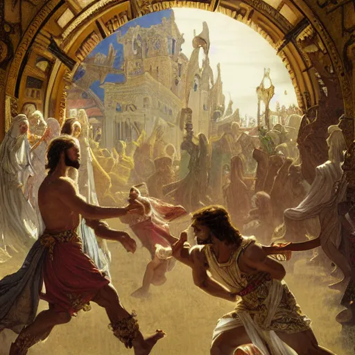 Prompt: a detailed picture of jesus chasing away the merchants in the temple, thrown tables, scattered gold coins, fleeing merchants, fantasy, intricate, elegant, highly detailed, digital painting, artstation, matte, sharp focus, illustration, vaporwave style art by john collier and albert aublet and krenz cushart and artem demura and alphonse mucha