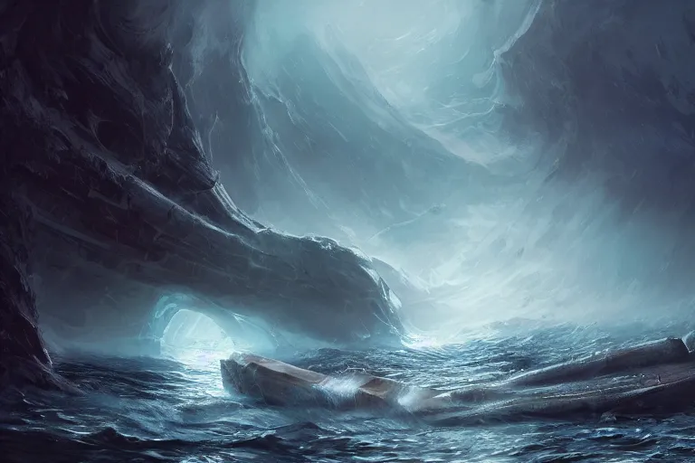 Image similar to Scylla and Charybdis, The Argo, Ancient Greek Trireme, Plows through storm tossed ocean waves, enormous Krakens, threaten from a rocky caves, the air is alive with rain lighting and fear by Jessica Rossier and HR Giger cinematic concept painting