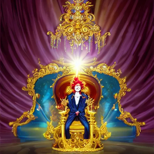 Image similar to anime of a shining majestic throne made of millions of diamonds, gold and zaphires with thousands of light reflections, and a clown on a tuxedo suit is sitting on the throne while handing a golden balloon, dramatic light, digital painting, ultradetailed, artstation, oil painting, ultradetailed, artstation