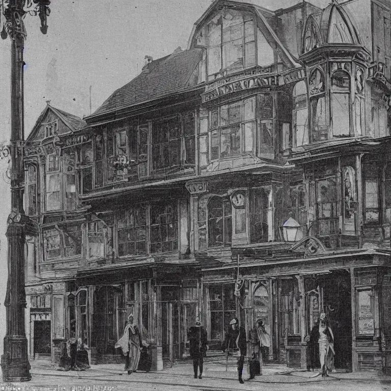 Prompt: A photo of the exterior of a gothic Pizza Hut in a victorian city, a cloaked man is walking away with a pizza, night, lit by gaslight