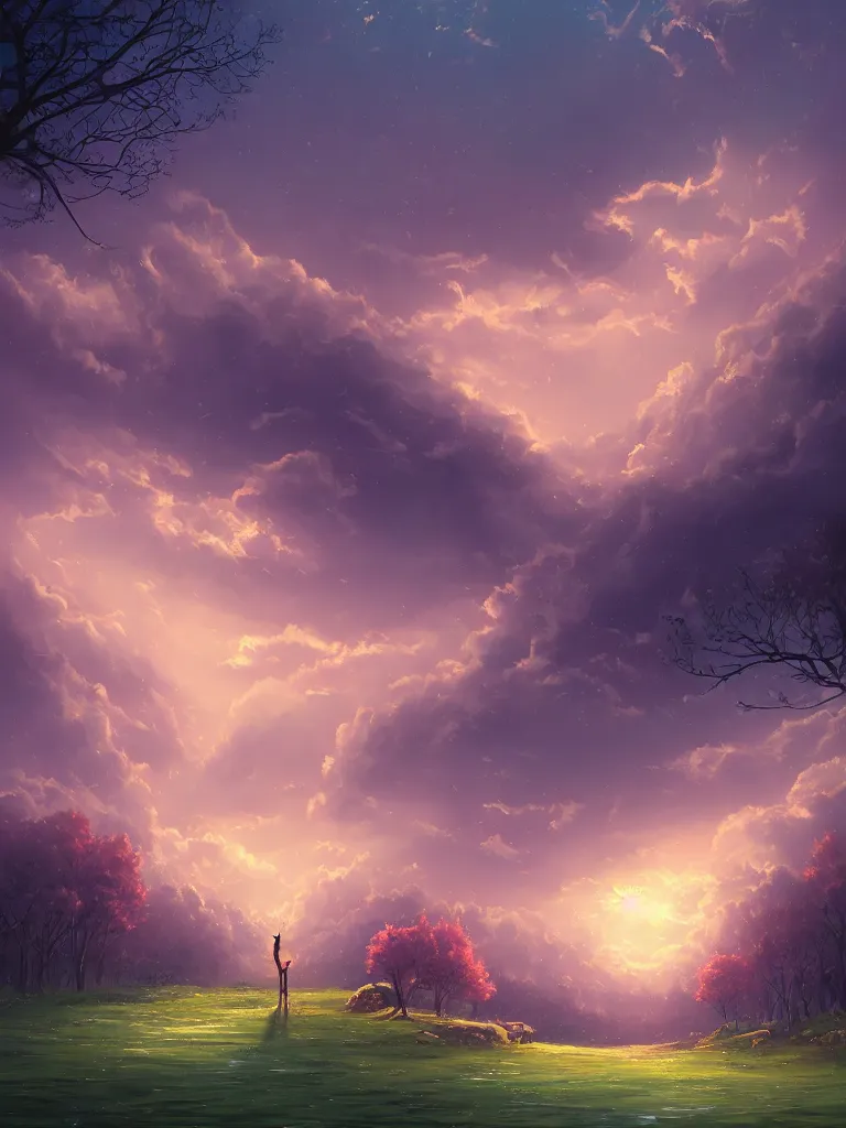 Prompt: A beautiful ultra detailed matte painting evening woods water puffy clouds in sky by Cyril Rolando, David Wiesner, unreal engine, featured on artstation