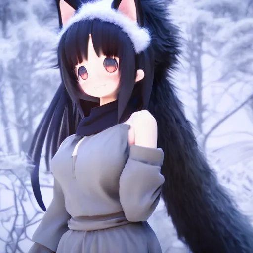 Prompt: render of a very cute joyful 3d anime girl, fluffy tail, wearing fluffy black scarf, long dress, black long curly hair, watery eyes, cat ears, in the magical forest, medium shot, mid-shot, highly detailed, trending on Artstation, Unreal Engine 4k