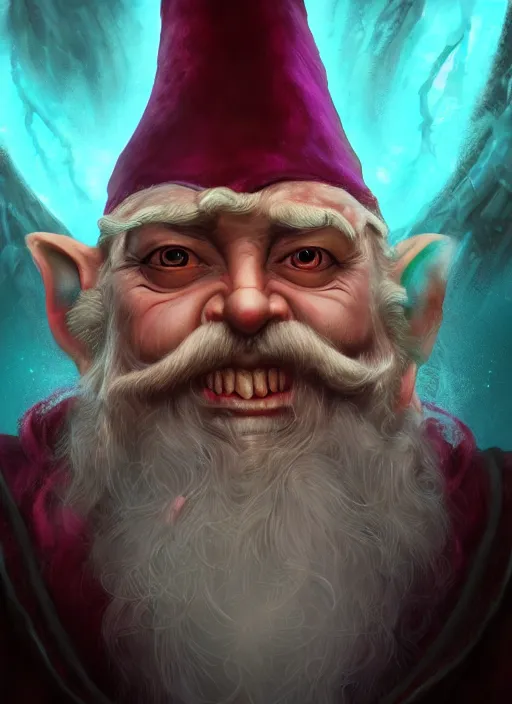 Image similar to a highly detailed airbrush painting of a evil mage gnome, trending on artstation, unreal 5, daz, hyperrealistic, octane render, dungeons and dragons, dynamic lighting