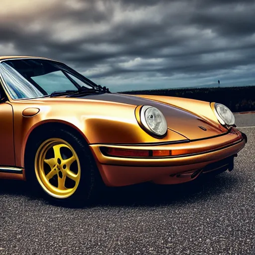 Image similar to Photo of a copper yellow Porsche 911 Carrera 3.2, daylight, dramatic lighting, award winning, highly detailed, fine art photography - 768