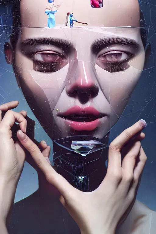 Image similar to 3 d, close - up, happy fashion model, plastic, tears, poster art, intricate oil painting, high detail, figurative art, multiple exposure, poster art, 3 d, by stanley kubrick and tooth wu and wlop and beeple