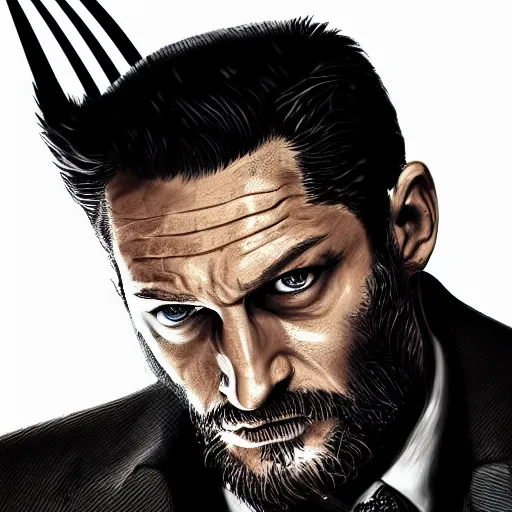 Image similar to Tom Hardy as wolverine in his suit Digital art 4K quality Photorealism