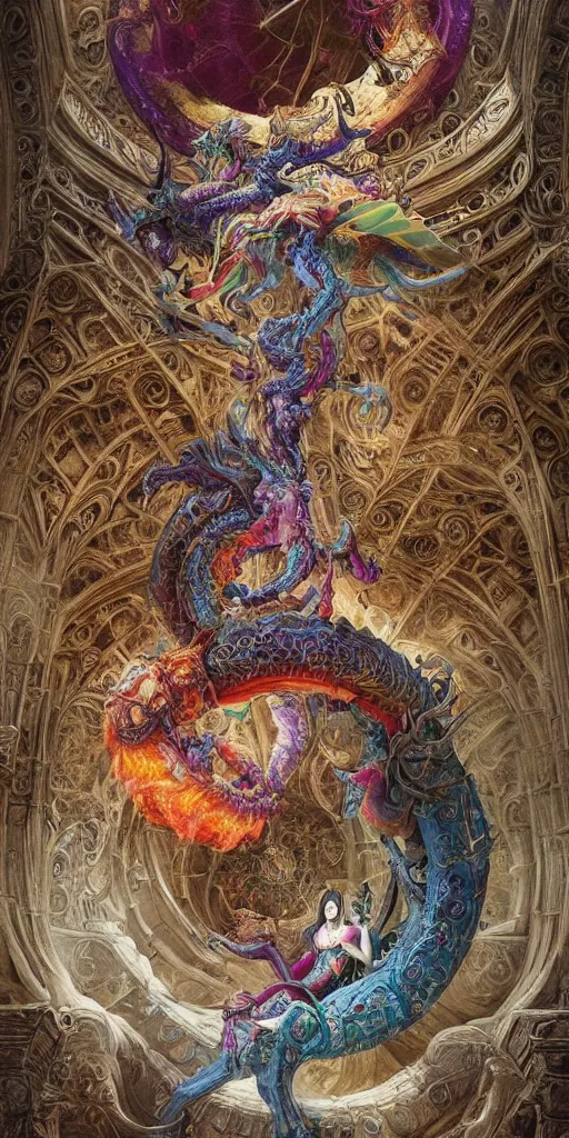 Image similar to enormous colorful psyhedelic Ouroboros floating around inside an ancient mage castle hall colossal scale, gothic and baroque, brutalist architecture, ultradetailed, intricate details by Ellen Jewett and Ayami Kojima