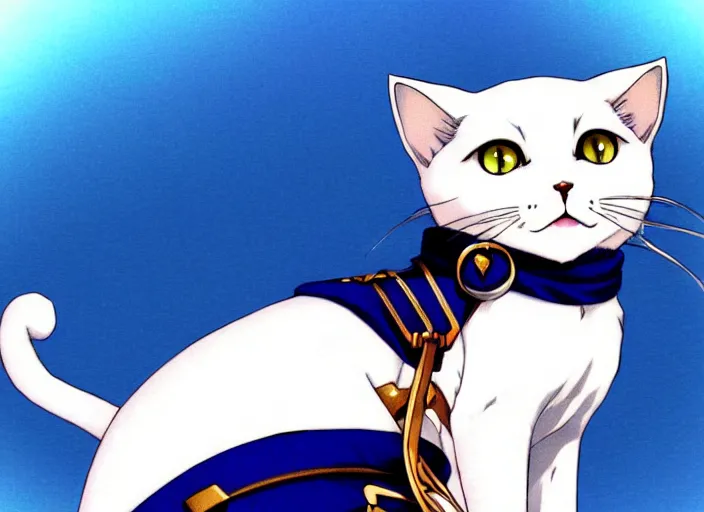 Image similar to anime visual of a white cat, with blue eyes!!!!, high quality detailed anime, cel shaded, digital art by last exile murata range blue submarine no 6, hd, ambient light