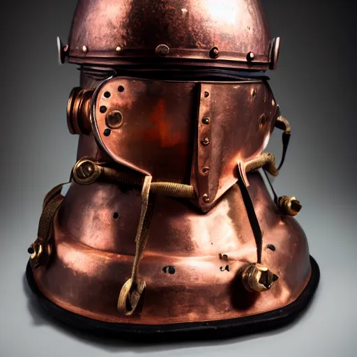 Image similar to a photo of an old copper deep diving helmet mixed with a knights helmet, royal details, ornamented, victorian, f 2. 8