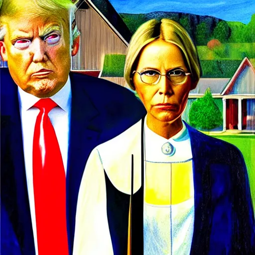 Image similar to american gothic painting but with donald trump and melania trump as the subjects, art station, high quality,