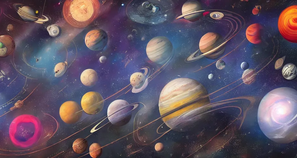 Image similar to A beautiful artwork illustration, an outer space exhibit cluttered with planets, featured on artstation, wide angle, horizontal orientation